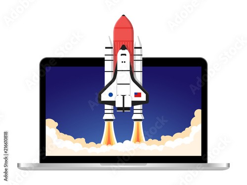 Fototapeta Naklejka Na Ścianę i Meble -  Laptop Rocket Launch Dark Sky Space Ship Taking Off Illustration Background Wallpaper Vector