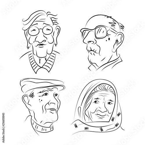 A set of portraits of elderly people. Hand drawn portraits. Black and white graphics. Vector illustration.
