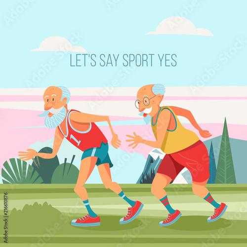 Elderly pensioners engaged in sports. Vector illustration.