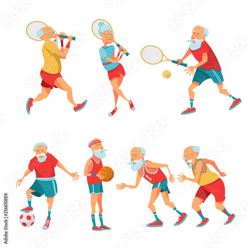 Elderly pensioners engaged in sports. Vector illustration.