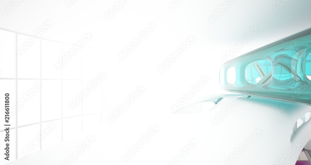 Fototapeta premium Abstract white and colored gradient glasses interior multilevel public space with window. 3D illustration and rendering.