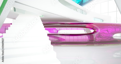 Abstract white and colored gradient glasses interior multilevel public space with window. 3D illustration and rendering.