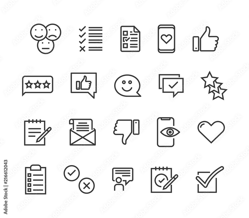 Simple Set of Survey Related Vector Line Icons. Feedback Contains such Icons as Emotional Opinion, Rating, Checklist and more. Editable Stroke. 48x48 Pixel Perfect.