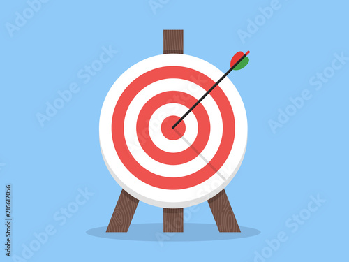 Target with arrow, standing on a tripod. Goal achieve concept. Vector illustration isolated on white background