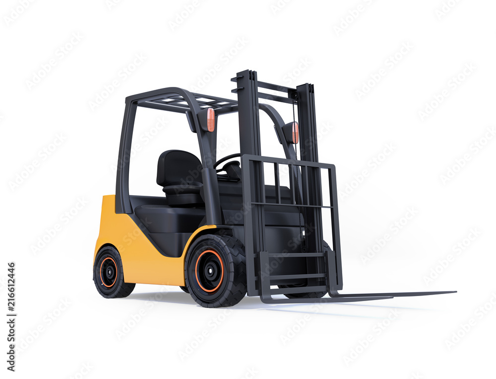 Electric forklift isolated on white background. 3D rendering image. Electric forklift isolated on white background. 3D rendering image.