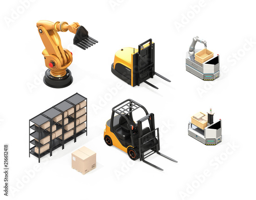 Isometric view of electric forklift, autonomous forklift, AGV, industrial robot isolated on white background. 3D rendering image. photo
