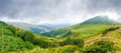 Mountain slopes with meadows, forests in rainy weather in Carpathians