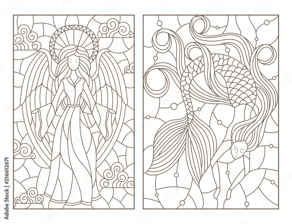 Set of contour illustrations of stained glass Windows with a girl angel and a mermaid, dark contours on a white background
