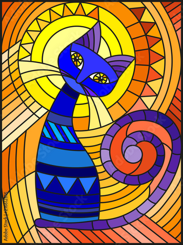 Illustration in stained glass style with abstract blue geometric cat on an orange background