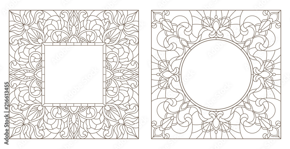 Obraz premium Set contour illustrations of stained glass with floral framework,dark outlines on white background
