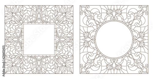 Set contour illustrations of stained glass with floral framework,dark outlines on white background