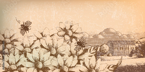 Engraved countryside scenery