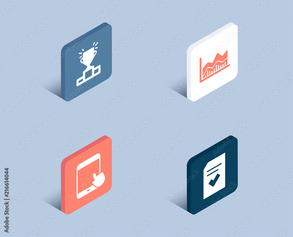 Set of Winner podium, Tablet pc and Trade infochart icons. Checked file sign. Competition results, Touchscreen gadget, Business analysis. Correct document. 3d isometric buttons. Flat design concept Set of Winner podium, Tablet pc and Trade infochart icons. Checked file sign. Competition results, Touchscreen gadget, Business analysis. Correct document. 3d isometric buttons. Flat design concept