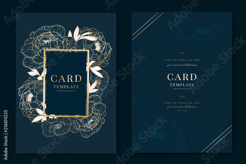 Wedding Invitation modern card Design in golden peony with   tropical palm leaf eucalyptus branches decorative on deep Navy blue background Vector elegant rustic template