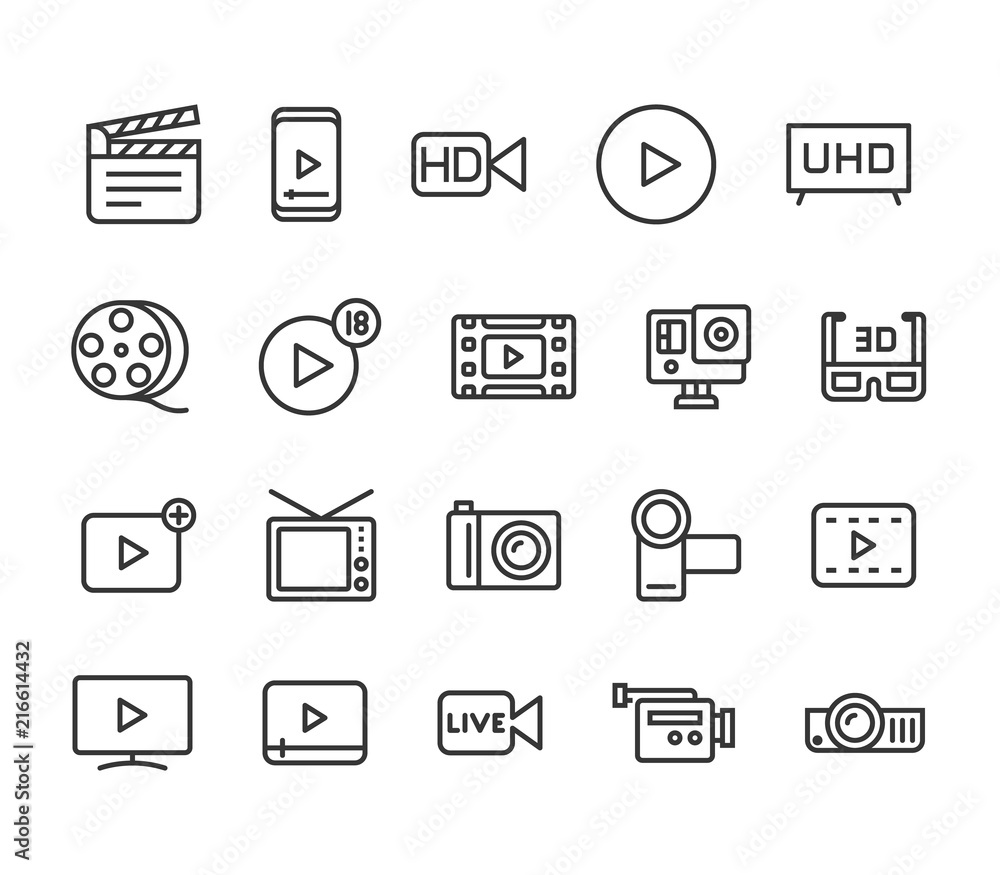 Simple Set of Video Editing Related Vector Line Icons. Contains such Icons as Filters, Frame Rate and more. Editable Stroke. 48x48 Pixel Perfect.
