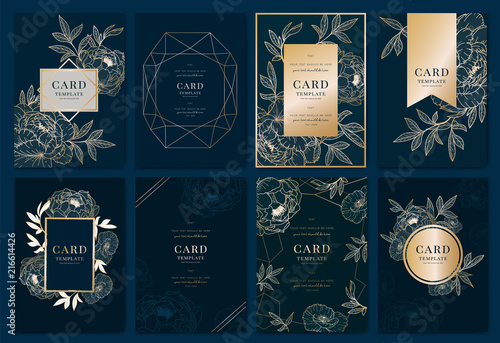 Wedding Invitation modern card Design in golden peony with   tropical palm leaf eucalyptus branches decorative on deep Navy blue background Vector elegant rustic template photo