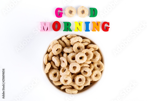 healthy cereal rings on white background. Good morning. A healthy, healthy breakfast. Dry muesli.