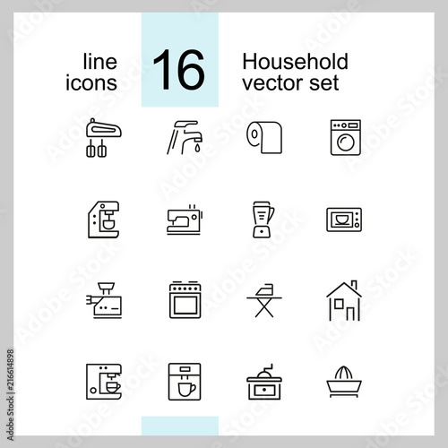 Household icons. Set of  line icons. Washing machine, TV set, sewing machine. Domestic appliances. Vector illustration can be used for topics like housework, housekeeping, technology