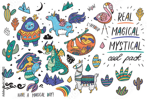 Cute magical set with Yeti, unicorn, dragon, mermaid, llama and sloth in cartoon style. Vector illustration