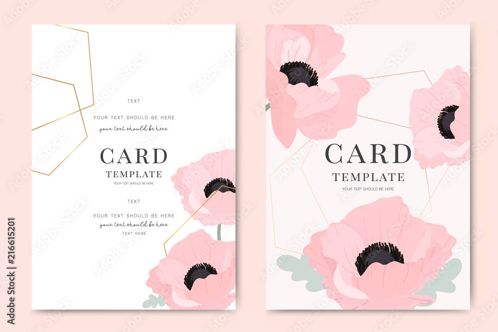 Wedding Invitation, floral invite thank you, rsvp modern card Design in pink poppy flower with golden line decorative Vector elegant rustic template