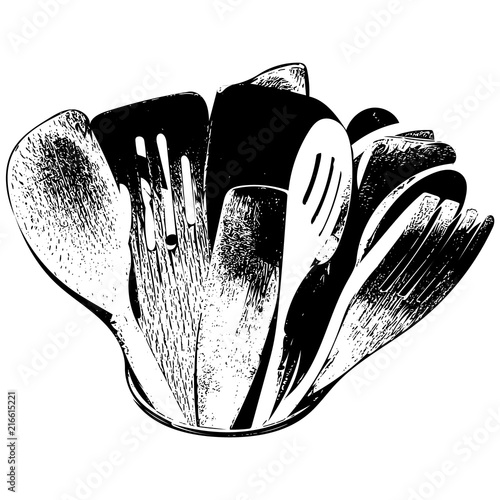 Assorted cooking utensils in ink