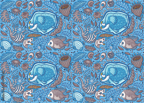 Seamless pattern with ancient fossils, bones, leaves and skeletones set in cartoon style. Vector illustration