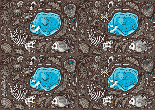 Seamless pattern with ancient fossils, bones, leaves and skeletones set in cartoon style. Vector illustration