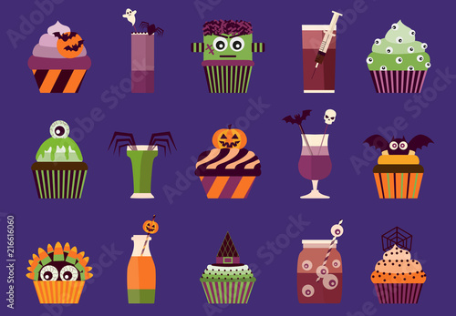 Halloween cupcakes and cocktails icons. Spooky halloween drinks and food with eyeballs, bats, skulls, monster head and other creepy symbols.