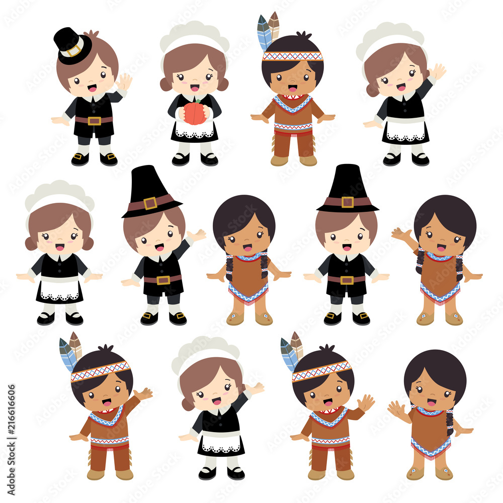 Native American Indian and Pilgrim Boy and Girl Posing Set Vector Illustration Isolated on White Native American Indian and Pilgrim Boy and Girl Posing Set Vector Illustration Isolated on White