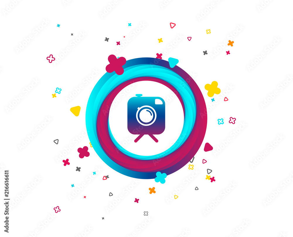 Hipster photo camera sign icon. Retro camera on tripod symbol. Colorful button with icon. Geometric elements. Vector Hipster photo camera sign icon. Retro camera on tripod symbol. Colorful button with icon. Geometric elements. Vector