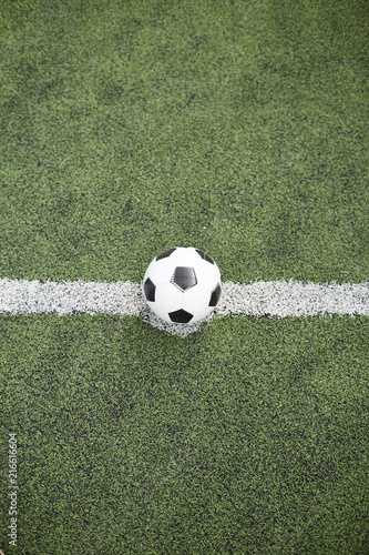 Overview of soccer ball in the center of white line on green football field © pressmaster