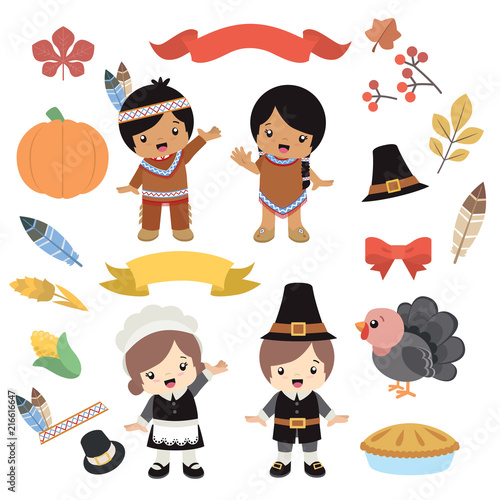 Native American Indian and  Pilgrim costume Boy and Girl Thanksgiving Design Elements 