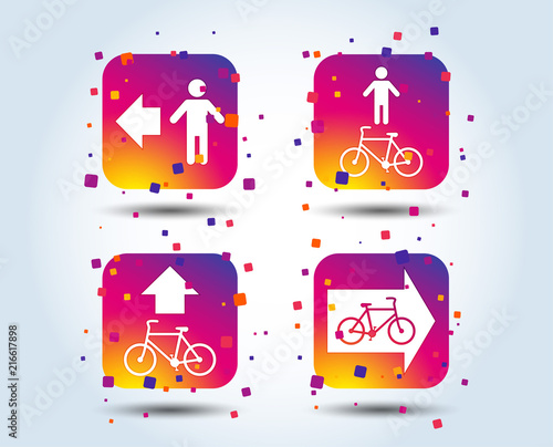 Pedestrian road icon. Bicycle path trail sign. Cycle path. Arrow symbol. Colour gradient square buttons. Flat design concept. Vector