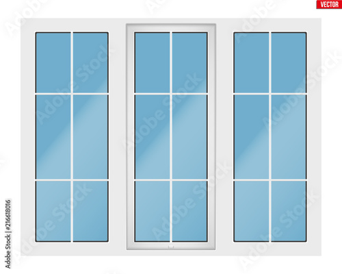 Metal plastic PVC window with three sash and one opening casement. Outdoor view. Presentation of models and frame installation. White color. Sample Vector Illustration isolated on white background.