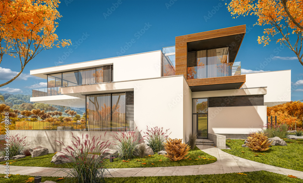 3d rendering of modern house by the river