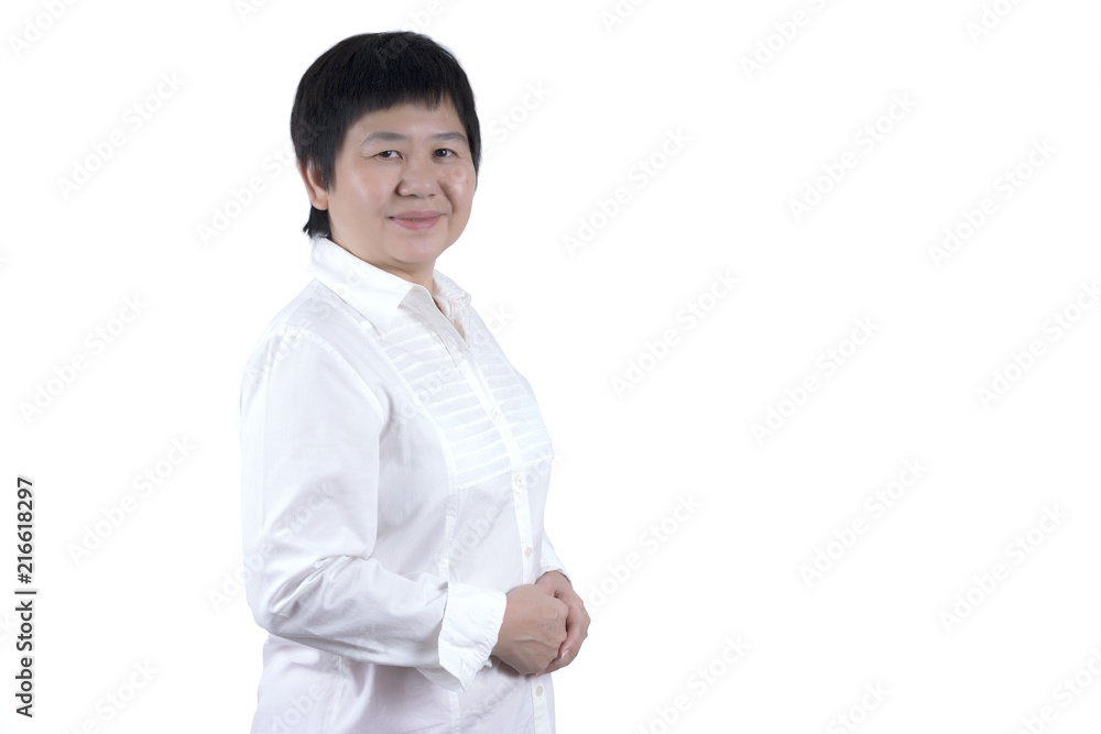 Smiling Asian Middle-aged woman in white shirt isolated on white background Smiling Asian Middle-aged woman in white shirt isolated on white background