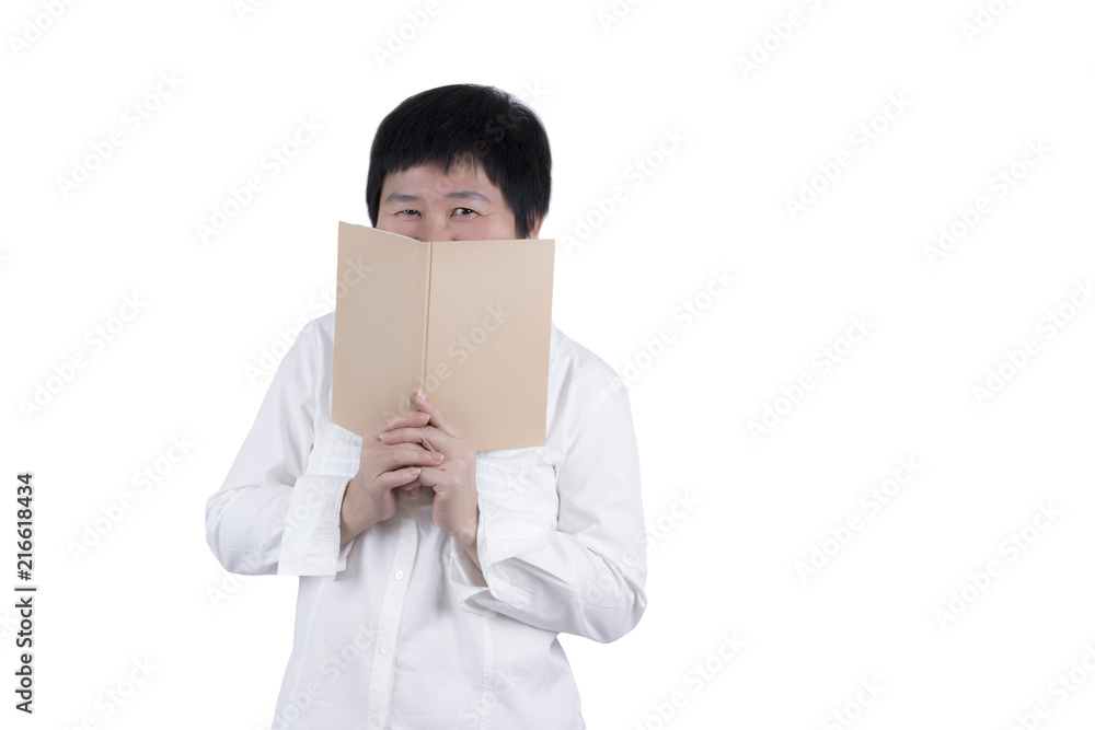 Smiling Asian Middle-aged woman in white shirt holding book cover her face isolated on white background Smiling Asian Middle-aged woman in white shirt holding book cover her face isolated on white background