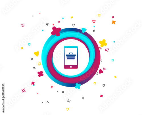 Smartphone with shopping cart sign icon. Online buying symbol. Colorful button with icon. Geometric elements. Vector