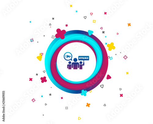 Strike sign icon. Group of people symbol. Industrial action. Holding protest banner and megaphone. Colorful button with icon. Geometric elements. Vector