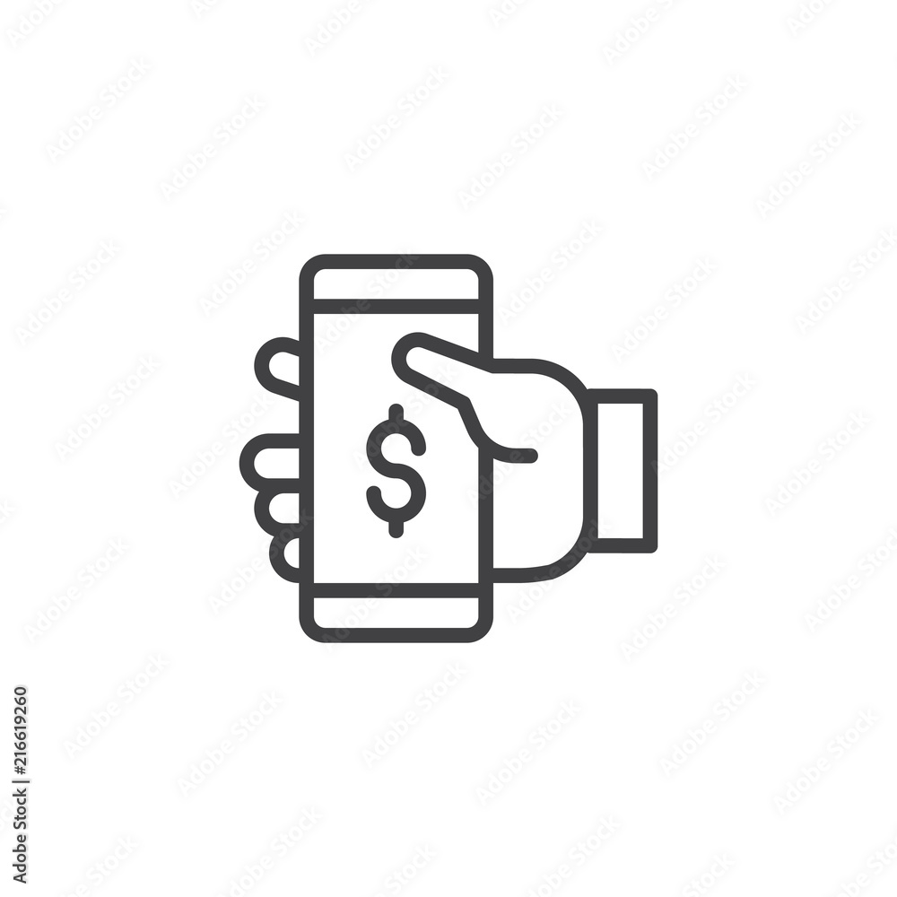 Mobile payment outline icon. linear style sign for mobile concept and web design. Hand hold phone simple line vector icon. Symbol, logo illustration. Pixel perfect vector graphics Mobile payment outline icon. linear style sign for mobile concept and web design. Hand hold phone simple line vector icon. Symbol, logo illustration. Pixel perfect vector graphics