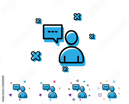 User communication line icon. Person with chat speech bubble sign. Human silhouette symbol. Line icon with geometric elements. Bright colourful design. Vector