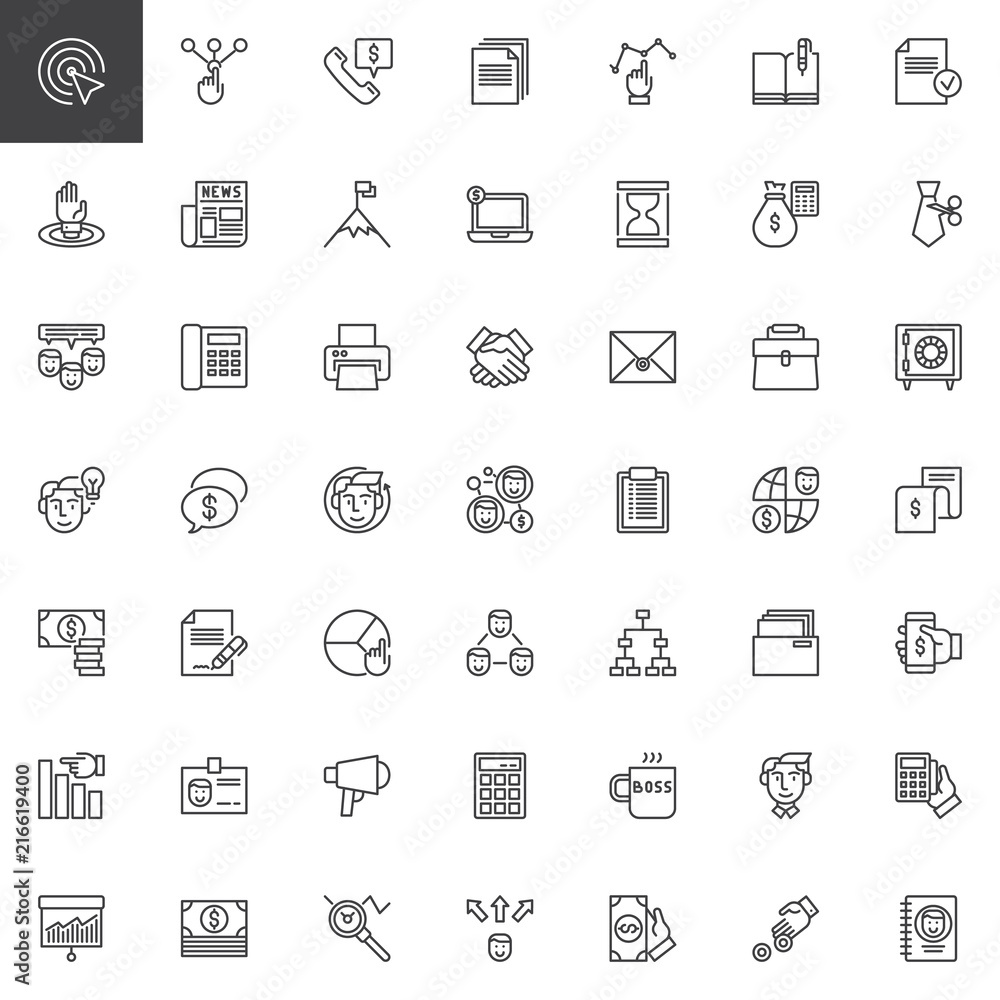 Business outline icons set. linear style symbols collection, line signs pack. vector graphics. Set includes icons as Target, Choice, Call, Documents, Graph, Newspaper, Online banking, Team Phone Business outline icons set. linear style symbols collection, line signs pack. vector graphics. Set includes icons as Target, Choice, Call, Documents, Graph, Newspaper, Online banking, Team Phone