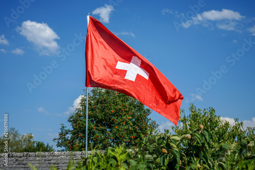 switzerland national flag in garden with blue sky