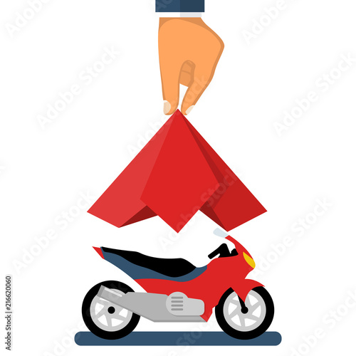 Presentation motorcycle. Moto covered red silk. Man hand take off cloth with chopper. Vector illustration flat design. Isolated on white background. Showing surprise . Exhibition new model.