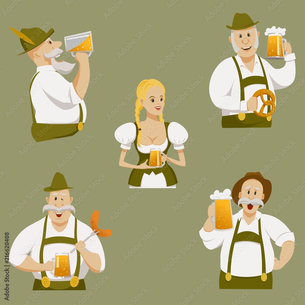 oktoberfest set, girl and men with glasses of beer oktoberfest set, girl and men with glasses of beer