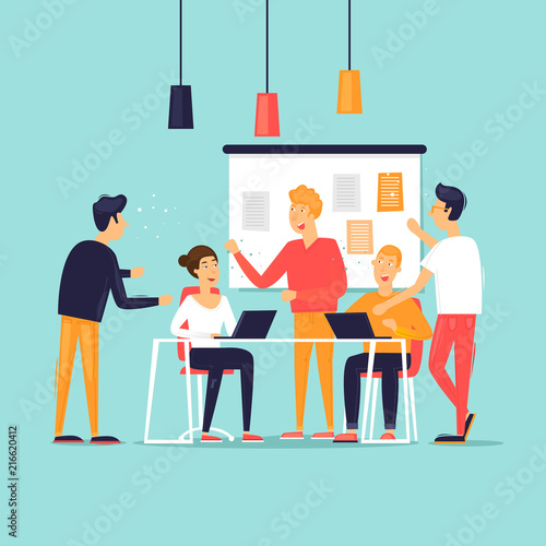 Teamwork, startup, support, data analysis, brainstorming, meeting. Flat design vector illustration.