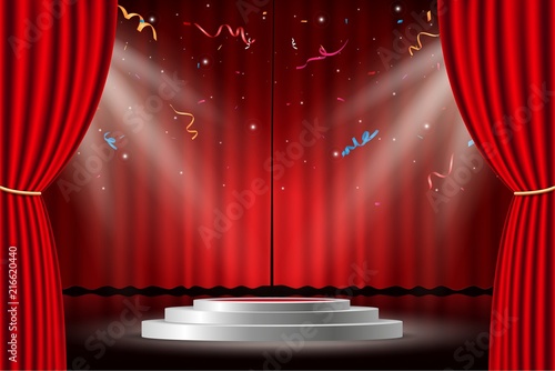 Red curtain with white stage and confetti
