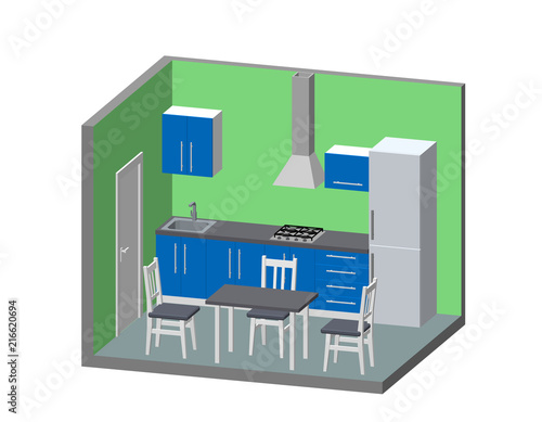 Interior kitchen room. 3d Vector illustration.Dimetric projection.