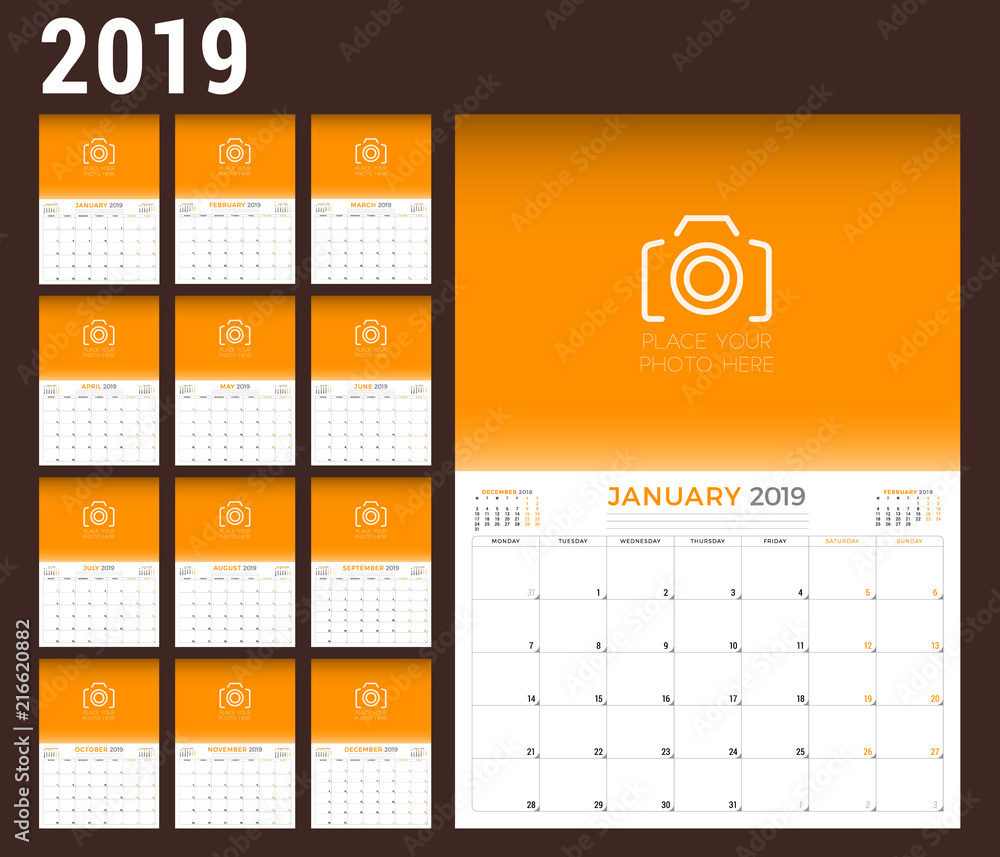 2019 year. Calendar planner stationery design template with place for photo. Week starts on Monday. Vector illustration 2019 year. Calendar planner stationery design template with place for photo. Week starts on Monday. Vector illustration