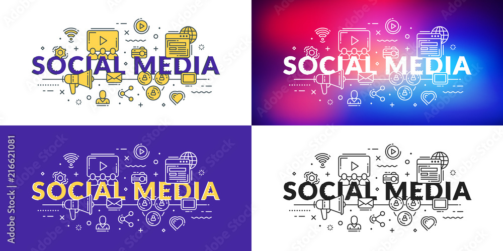 Social media. Flat line illustration concept for web banner and printed materials. Vector illustration in 4 different styles